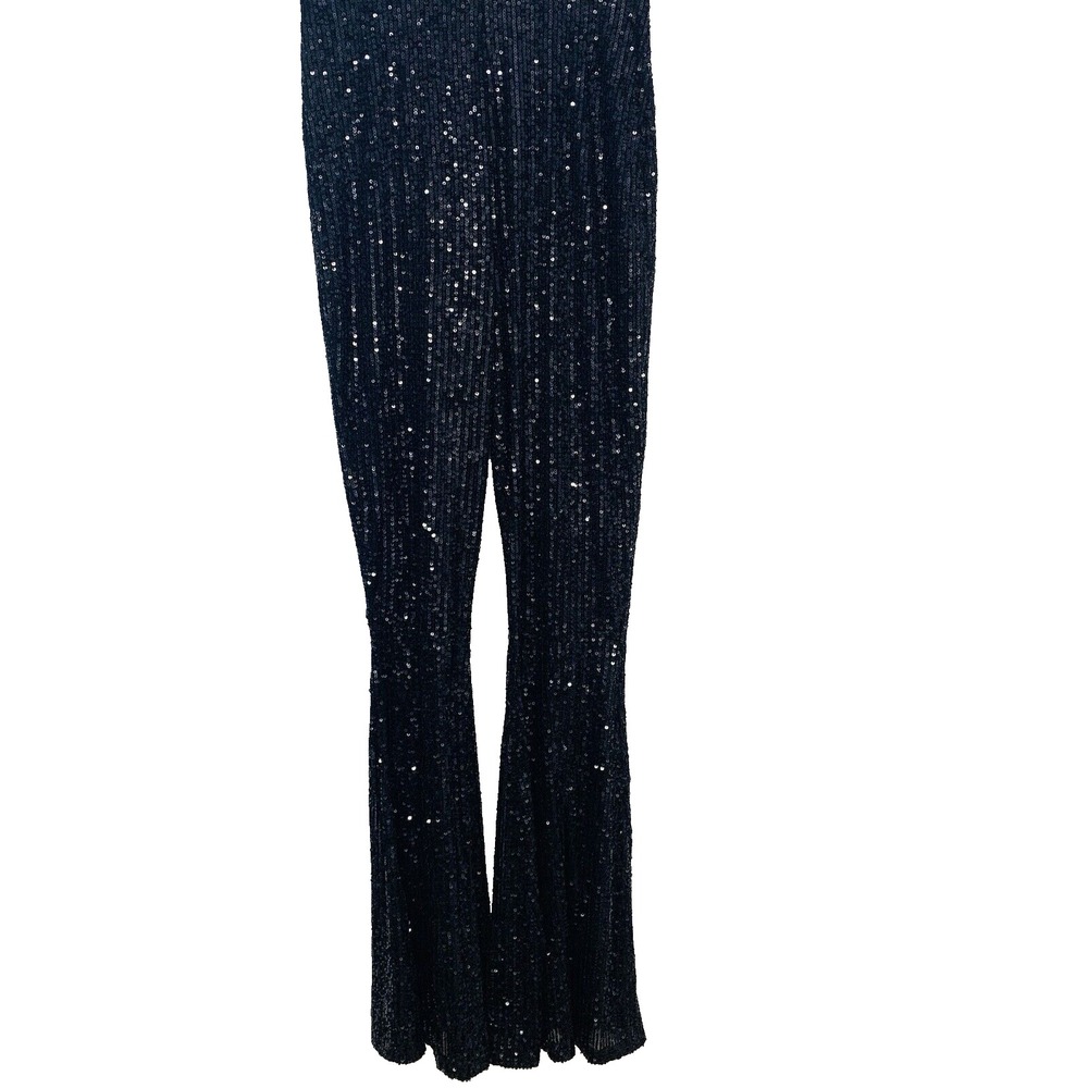 Asos Sequin High Rise Flare Sparkle Pants Woman 4 Black Elastic Waist‎ Disco Mod